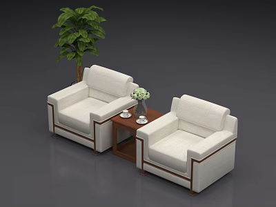 White Leisure Sofa Set with Wooden Frame Coffee Table and Green Potted Plant 3d model