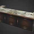 Elegant Modern Bar Counter Featuring Marble Top And Dark Wood Cabinetry With Gold Accents