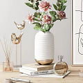 Decorative Ornament Set With Pink Roses Line Art Painting Golden Bird Aromatherapy Bottle And Books