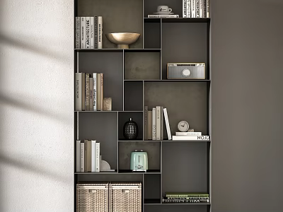 Modern Multilayer Bookcase Interior With Books Decorative Items Woven Basket And Storage Compartments 3d model
