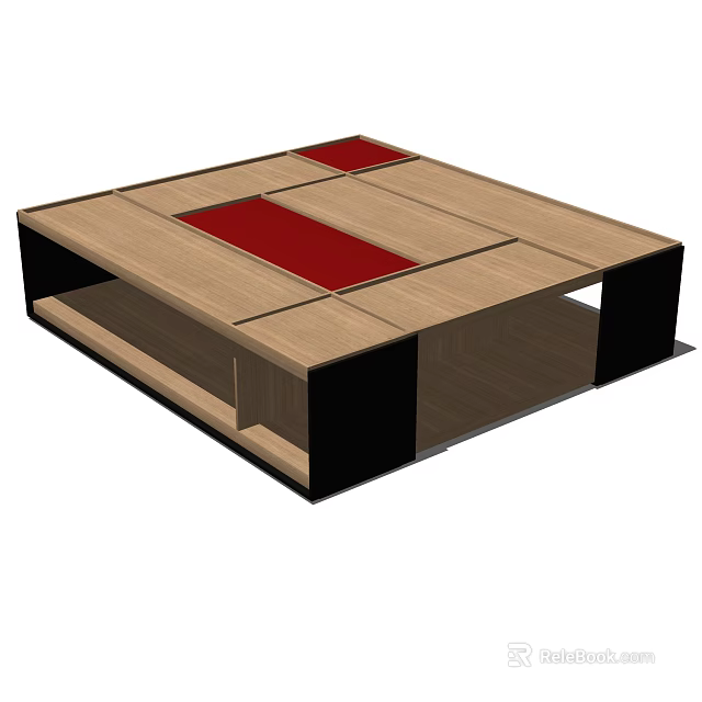 Modern Wooden Coffee Table With Red Decorative Panels And Layered Storage Structure 3d model
