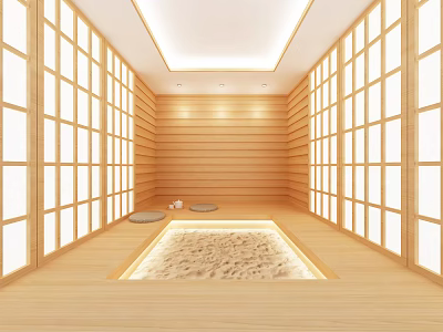 Serene SPA Sauna Interior With Wooden Walls Sand Platform And Round Cushions 3d model