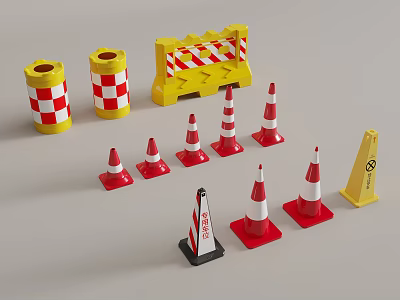 Public Facilities Including Traffic Cones Barriers With Striped Design And Warning Signs 3d model