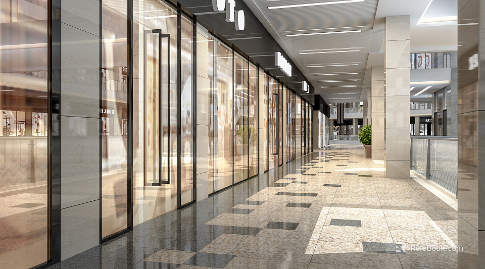 Modern Elevator Hallway Design With Glass Doors Recessed Lighting And Patterned Floor Tiles 3d model 