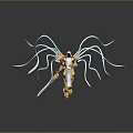 Character in Gold White Armor with Blue Wing like Appendages Holding Sword and Creature Features