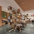 Modern Restaurant Interior With Wooden Shelves Green Plants And Dining Tables