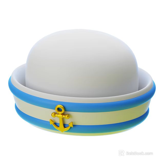 Stylish White Hat with Blue and Yellow Stripes and Yellow Anchor Decoration 3d model 