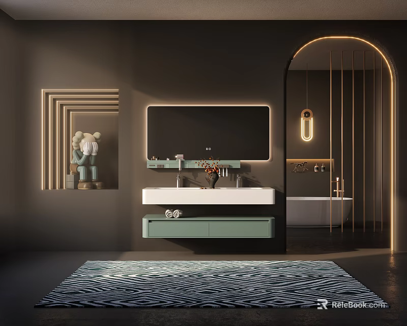 Modern Bathroom Washbasin With Green Cabinet Large Mirror And Arched Doorway 3d model 