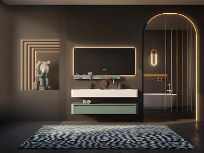 Modern Bathroom Washbasin With Green Cabinet Large Mirror And Arched Doorway 3d model