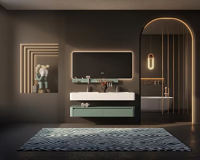 Modern Bathroom Washbasin With Green Cabinet Large Mirror And Arched Doorway 3d model