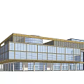 Modern Office Building With Glass Facade Golden Frame Contemporary Design And Open Entrance Area