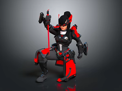 Game Movie Character Masked Female In Black Red Armor Holding Red Weapon Sci Fi Combat Stance 3d model
