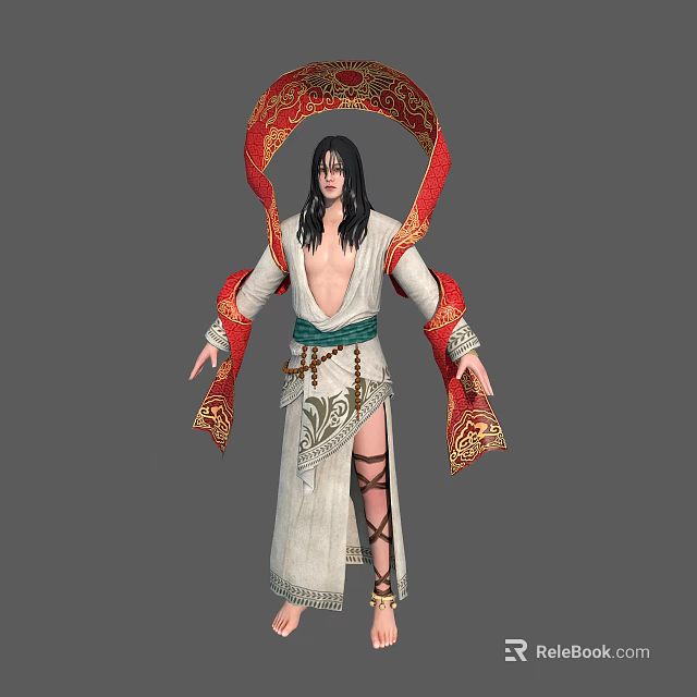 Long Black Haired Fantasy Character in White Robe with Red Ornaments and Mythical Creature Details 3d model 