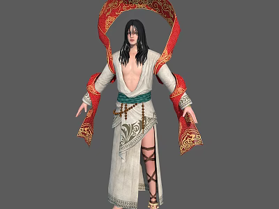 Long Black Haired Fantasy Character in White Robe with Red Ornaments and Mythical Creature Details 3d model
