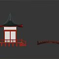 Cartoon Scene With Japanese Style Pavilion Red Base White Walls Green Roof and Red Bridge