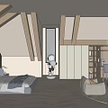 Cozy Attic Bedroom Interior With Sloped Wooden Beams Bed Robot Model And Wardrobe