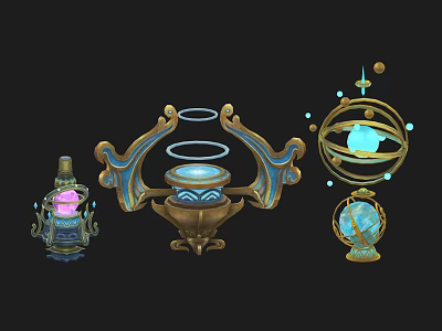 Intricate Metallic Decorative Ornament Set With Circular Rings Spherical Glowing Accents And Blue Gold Details 3d model