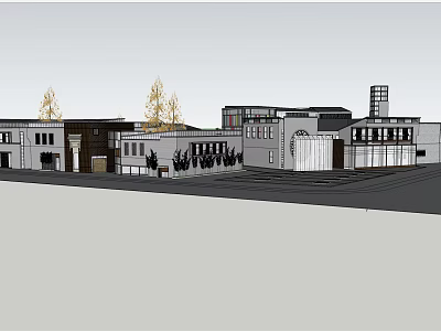 Modern Commercial Street With Multiple Storefronts Trees And Glass Windows 3d model