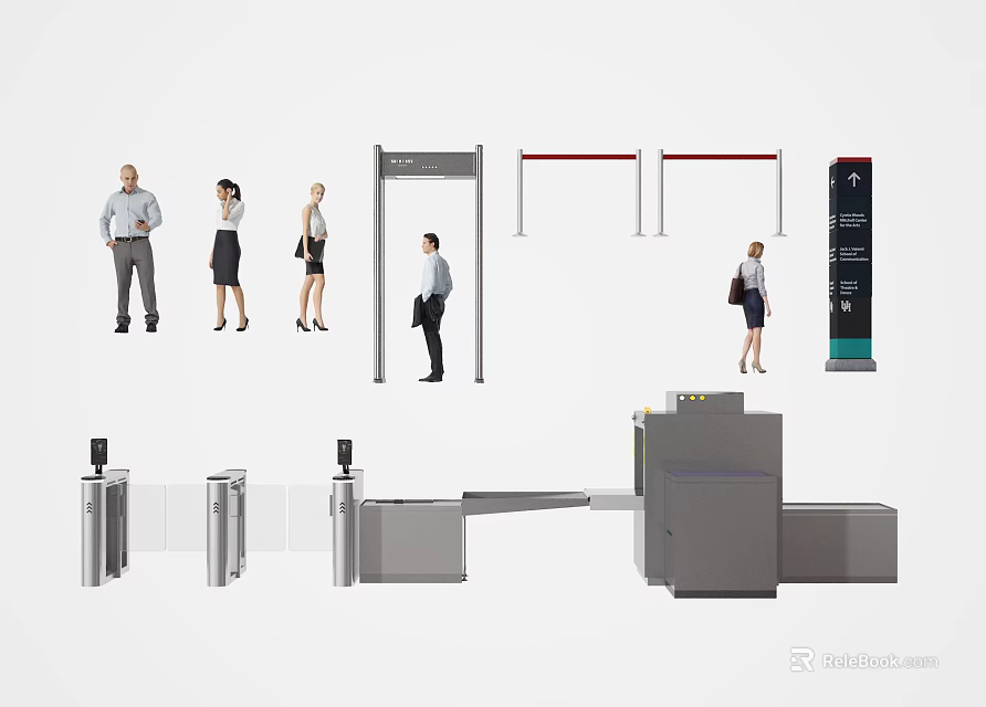 Public Security Check Facilities Including Metal Detector Gates Turnstiles And Baggage Scanners 3d model 