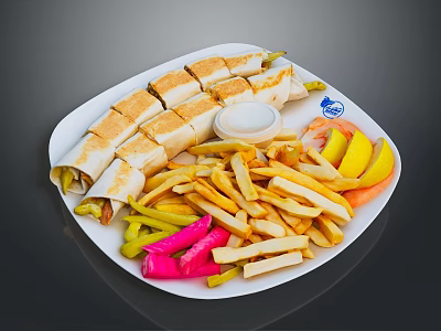 Delicious Assorted Food Platter With Wrapped Rolls Fries Pickles Sauce And Lemon Slices 3d model