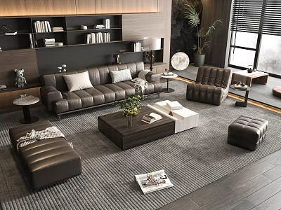 Modern Living Room Dark Leather Sofa And Coffee Table Set With Throw Pillows Green Plant 3d model