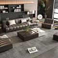 Modern Living Room Dark Leather Sofa And Coffee Table Set With Throw Pillows Green Plant