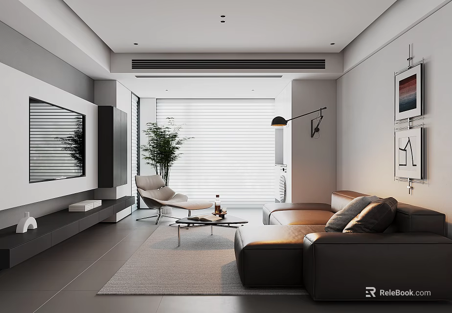 Modern Living Room Interior Design With Leather Sofa TV Wall And Floor to Ceiling Blinds 3d model 