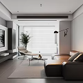 Modern Living Room Interior Design With Leather Sofa TV Wall And Floor to Ceiling Blinds