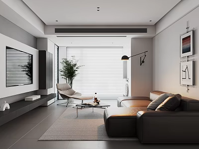 Modern Living Room Interior Design With Leather Sofa TV Wall And Floor to Ceiling Blinds 3d model