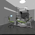 Modern Dental Clinic Interior With Green Chair White Cabinets Computer And Medical Equipment