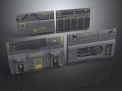 Industrial Sci Fi Panel Design With Gray Yellow Accents And Mechanical Control Interfaces 3d model