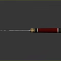 Decorative Serrated Knife With Red Wooden Handle And Golden Accents On Black Surface