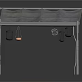 Outdoor Metal Canopy Structure With Gray Roof And Hanging Lanterns
