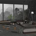 Modern Living Room Interior With Large Windows Stone Wall Gray Sofa Coffee Tables And Plant