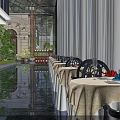 Elegant Restaurant Interior With Glass Roof Indoor Plants Black Chairs And White Tablecloths