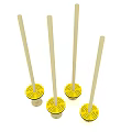 Playground Equipment With Five Light Colored Tall Poles Yellow Circular Bases And Black Edges