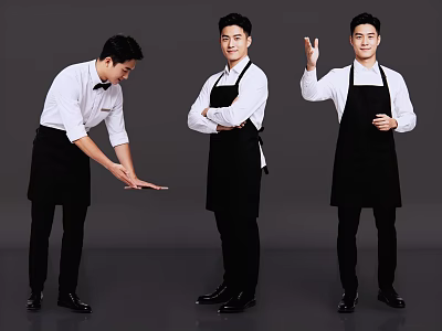 Three Men In White Shirts And Black Aprons Showing Different Service Poses 3d model