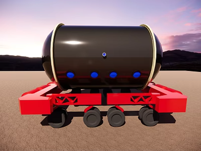 Functional Vehicle Equipped With Black Cylindrical Body Red Undercarriage And Multiple Wheels On Desert Landscape 3d model