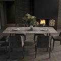 Modern Dining Table Set With Six Grey Chairs Floral Centerpiece And Fireplace