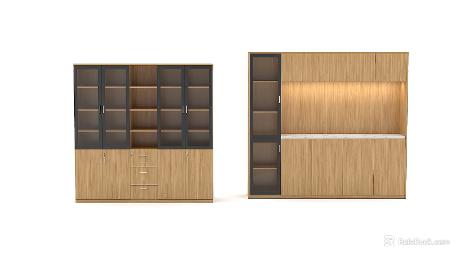 Modern Wooden Bookcase Interior With Glass Door Drawers Open Shelves And Countertop 3d model 