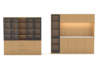 Modern Wooden Bookcase Interior With Glass Door Drawers Open Shelves And Countertop 3d model