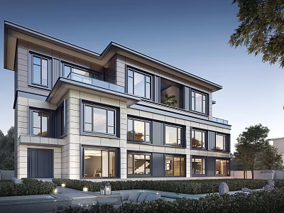 Modern Multi Story Detached Villa With Large Glass Windows And Landscaped Garden 3d model