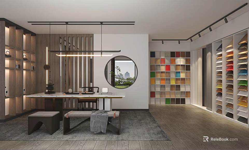 Modern Design Showroom With Round Window Wooden Elements Display Table And Colorful Sample Wall 3d model 