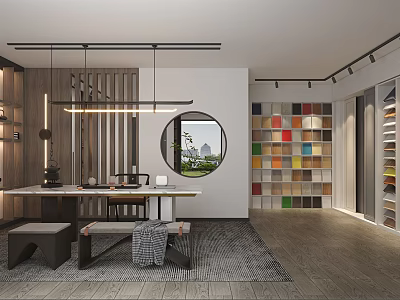 Modern Design Showroom With Round Window Wooden Elements Display Table And Colorful Sample Wall 3d model