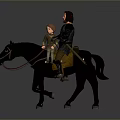 Man Riding Black Horse With Child On Grass And Dirt Ground