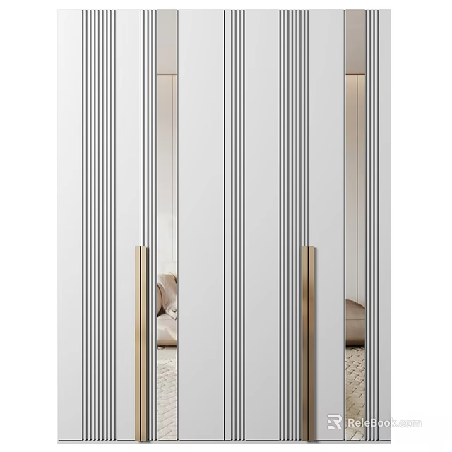 Modern Chest of Drawers with Mirror Front Vertical Stripes and Gold Handles Design 3d model 