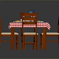 Dining Table Set with Red and White Checkered Tablecloth and Wooden Chairs