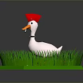 Cute Cartoon Duck Wearing Red Hat Standing on Lush Green Grass with Small Orange Object
