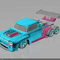 Blue Custom Modified Truck With Pink Engine Large Rear Spoiler And White Wheels