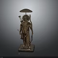 Golden Deity Character Statue With Umbrella Headdress Arrows Staff And Stone Base